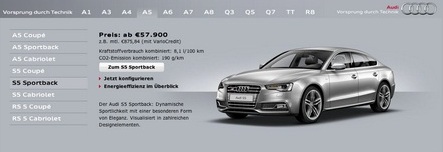 Menu web de Audi tienda online, usabilidad web